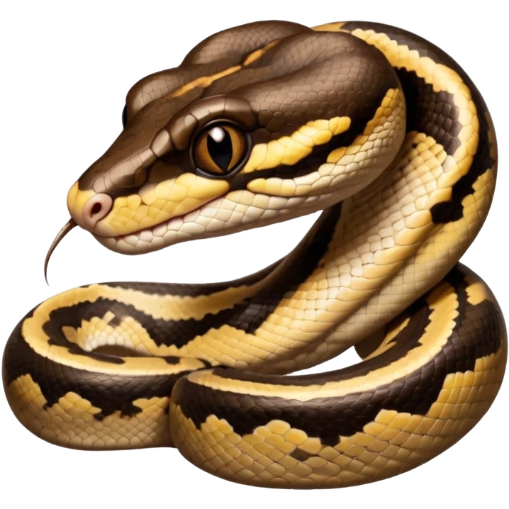 A photo-realistic digital illustration of a Ball Python, large headshot portrait. The snake has a short, rounded snout, smooth contours, and a calm, curious expression. Its head is warm brown with bold, irregular dark markings, including the signature “alien-head” pattern.  emoji