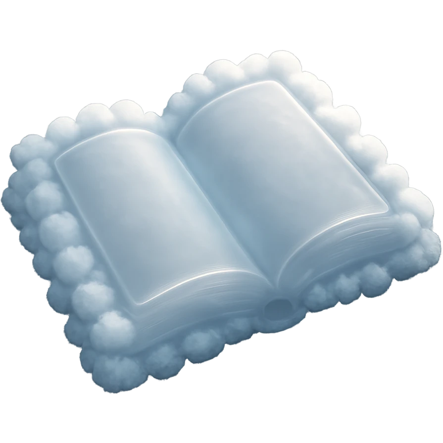 top view of a thick open book made entirely of small, very bright white fluffy convex clouds, matte glass style emoji