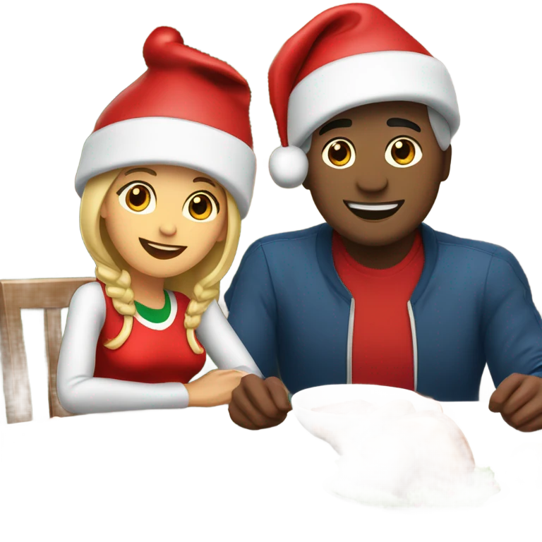 emoji Sports couple , a man and a woman in sportswear, sitting at the Christmas dinner table with a red Christmas hat emoji