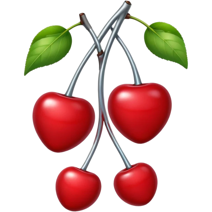 A pair of cherries emoji made of polished silver chrome, smooth rounded shapes, glossy metallic finish, soft highlights and reflections, cute proportions, iOS emoji style, centered, clean white background, no text emoji