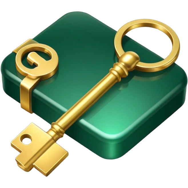 3D key icon with subtle glow effect, modern glossy style, deep green (#0B3D2C) and gold (#C9B037), elegant and minimal, transparent background, premium render emoji