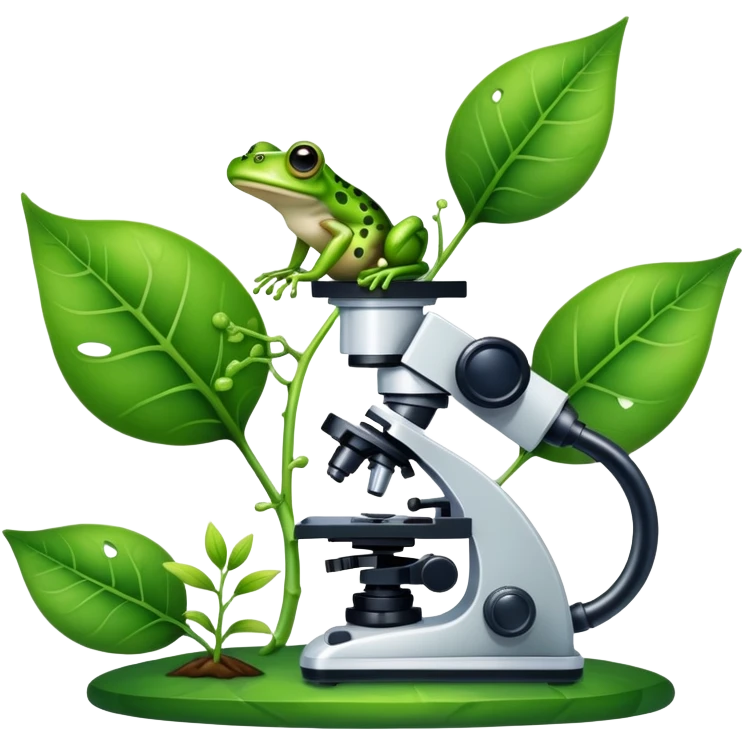 An icon featuring a DNA strand, a microscope, and a green leaf, symbolizing biology. The design includes animal cells, plant structures, and a frog, representing the study of living organisms and ecosystems. Transparent background highlights life sciences and biological research. emoji