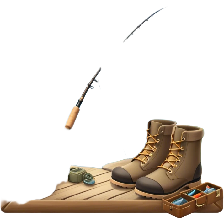 Icon for Fishing Travel: a fishing rod, tackle box, boots, and a boat by a serene lake, with fish jumping out of the water and surrounded by lush nature. The icon should capture the peaceful and adventurous spirit of fishing trips. Transparent background. emoji