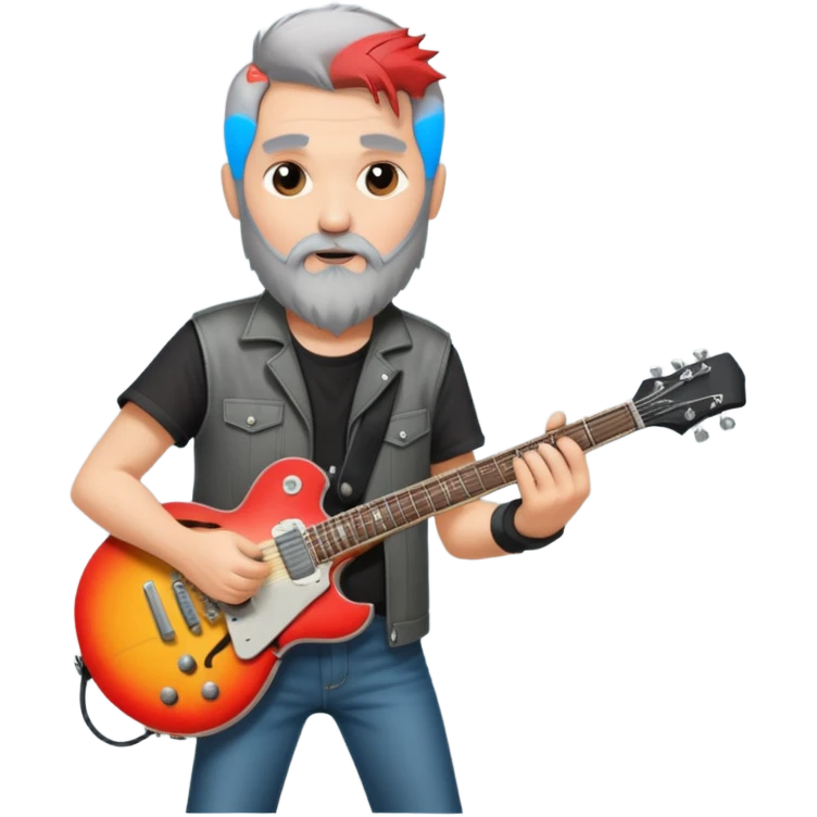 a short grey hair, with long side beard shop, middle age metal head with a classic epiphone eletric guitar emoji