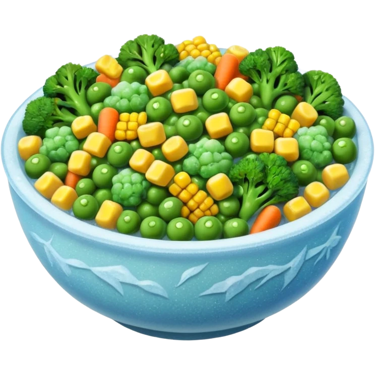 A close-up of a bowl filled with frozen mixed vegetables — peas, carrots, corn, and broccoli — covered with a light layer of frost. The colors are bright but slightly muted from freezing. Natural lighting, high-detail macro food photo. emoji
