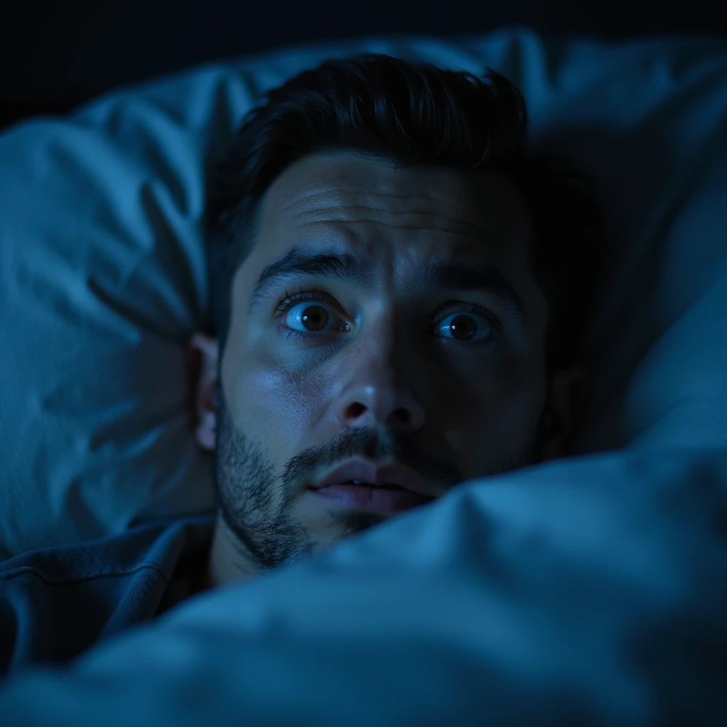 close-up of a man awake in bed during the night, wide open eyes and anxious look, nighttime environment, soft blue light, realistic hyperrealistic details, 4K quality emoji