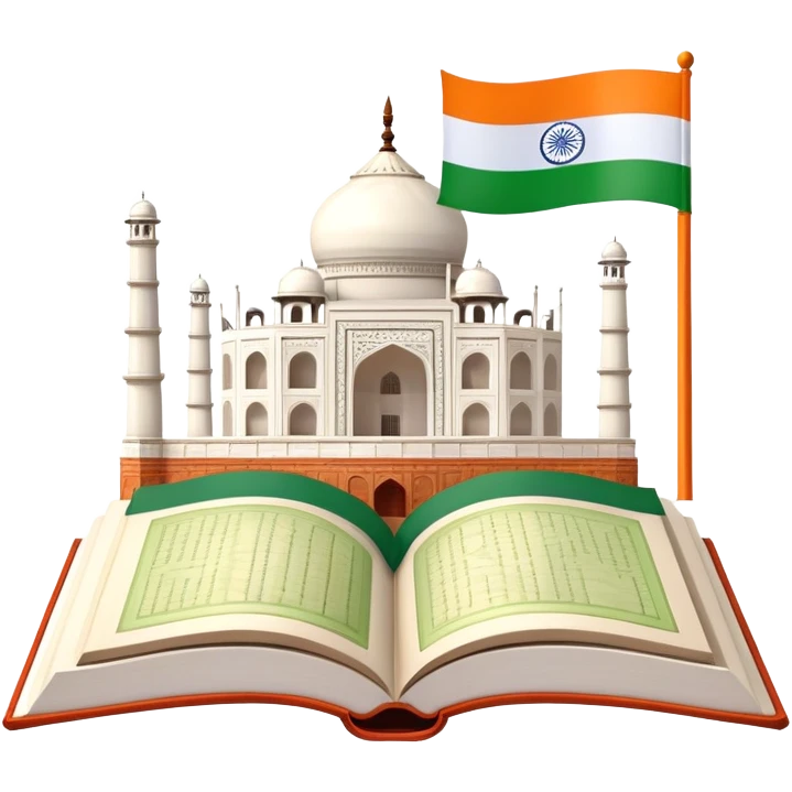 An icon featuring the Taj Mahal and the flag of India, symbolizing the Hindi language. The design includes an open book with hindi text, representing language learning and cultural richness. Transparent background highlights the heritage of India. emoji