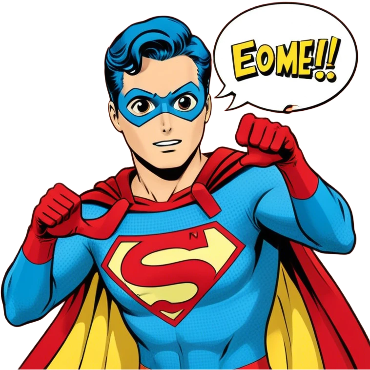 Vintage American comic book style, 2-3 overlapping panels, bold black outlines, halftone dots, retro color scheme (red, yellow, blue), dynamic action, speech bubbles, minimalistic design, transparent background. emoji