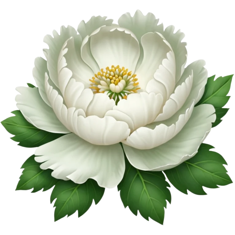white peony flower with green leaves emoji