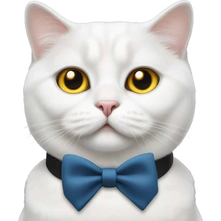 cute plump white british cat with  yellow and blue eyes with a black bow tie on his neck emoji