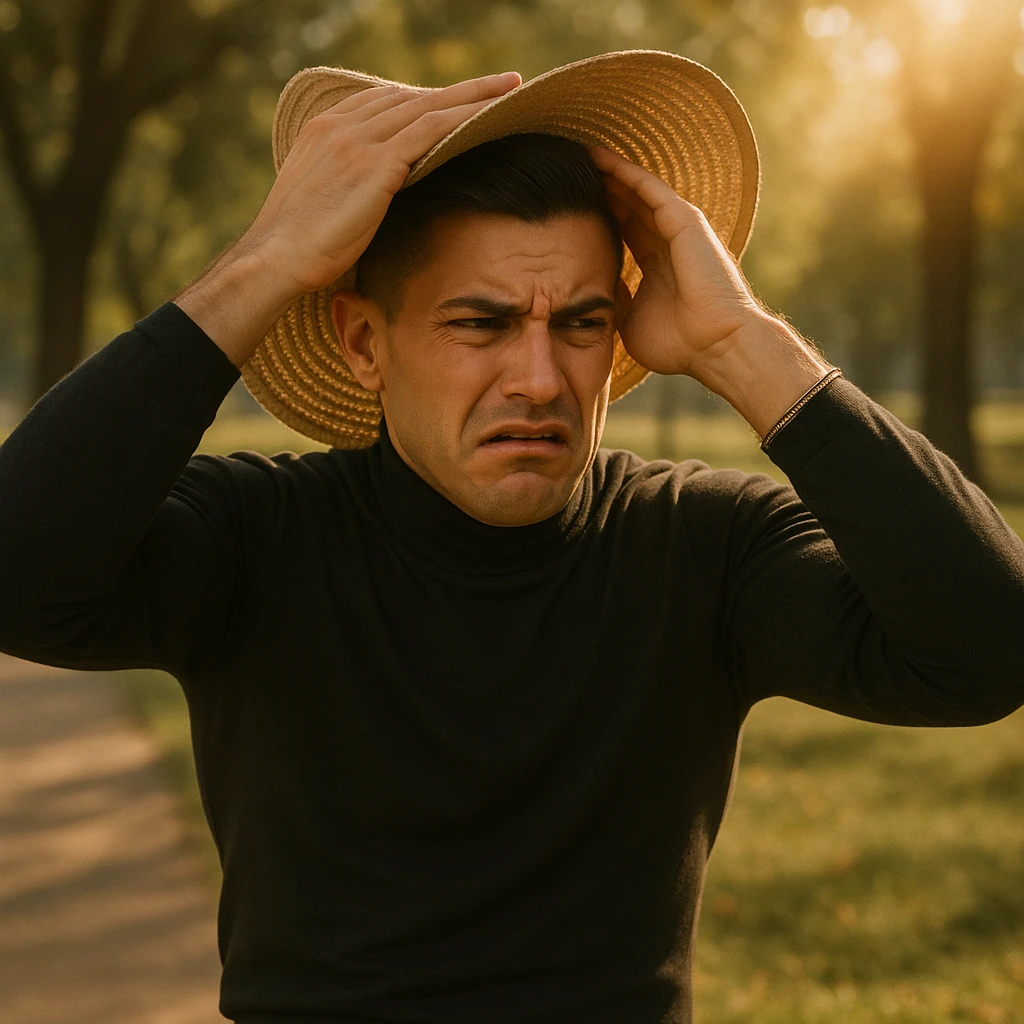 Create a symbolic 4k realistic scene in a park, showing a man with a worried expression using both his hands and a large hat to block the sunlight. The man looks tense and uncomfortable. The sunlight is warm and natural. Use muted colors and expressive body language, symbolizing misunderstanding about sunlight and health. Use the reference image for facial features and general appearance. emoji