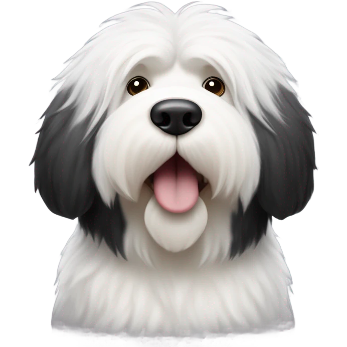 Old English sheepdog with a half and half face like a black (left) and white (right) cookie emoji
