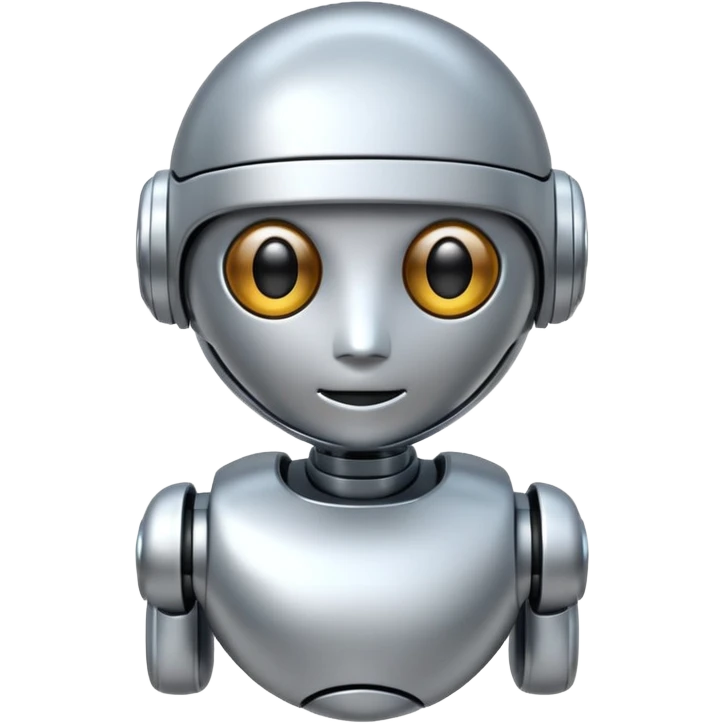 A cute futuristic robot emoji made of silver chrome, rounded friendly body, minimal facial features, glossy metallic surface, soft reflections, iOS emoji style, centered, clean white background emoji