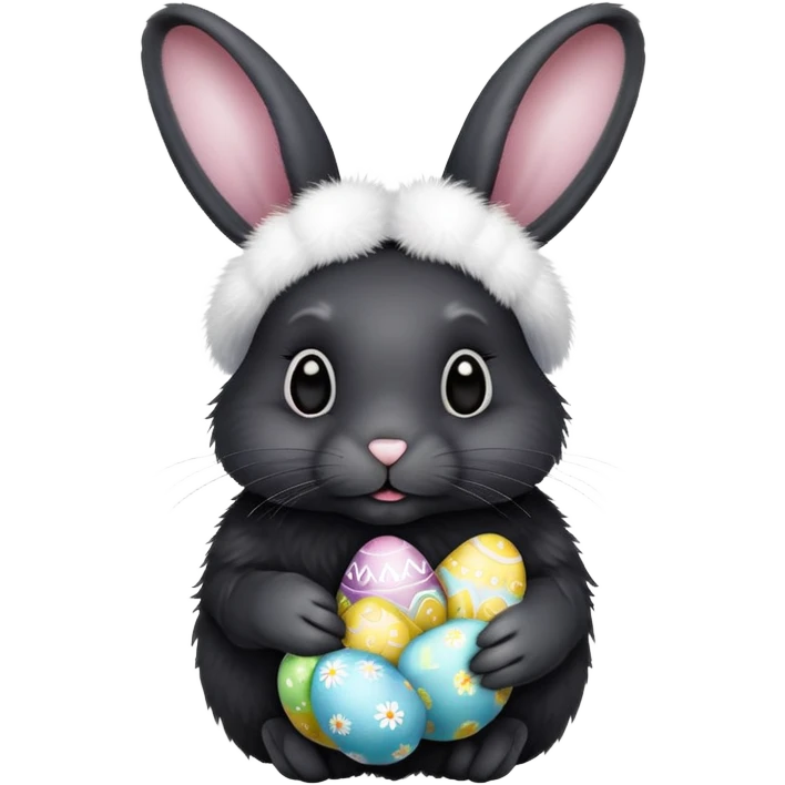 Black rabbit with white nose and holding easter eggs emoji