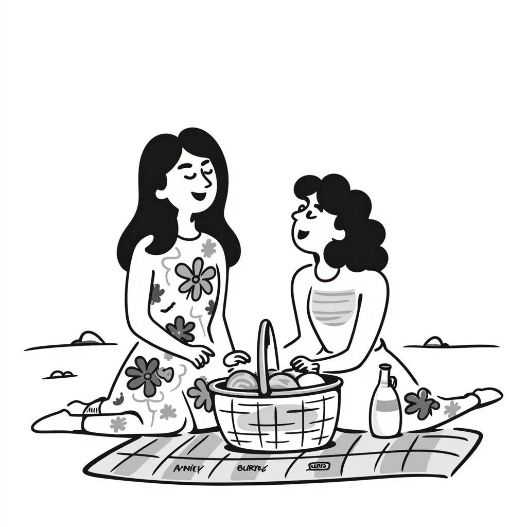 A brunette with straight hair laughs among friends at a picnic, wearing a light summer dress, her hair messy from the wind emoji