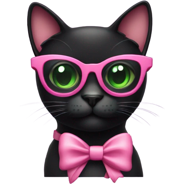 Black Cat with green eyes wearing sunglasses and a pink bow by the ear emoji