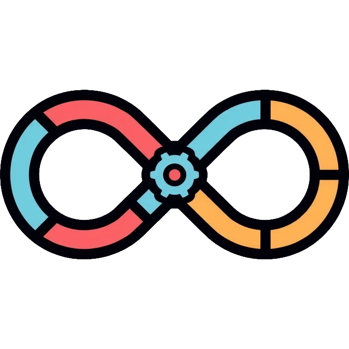 DevOps infinity symbol with code and gears representing continuous integration and deployment emoji