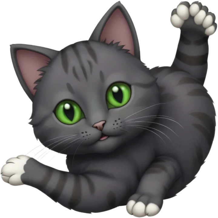 solid dark grey cat with green eyes, completely solid grey face, white toes/paws playfully rolling upside down emoji