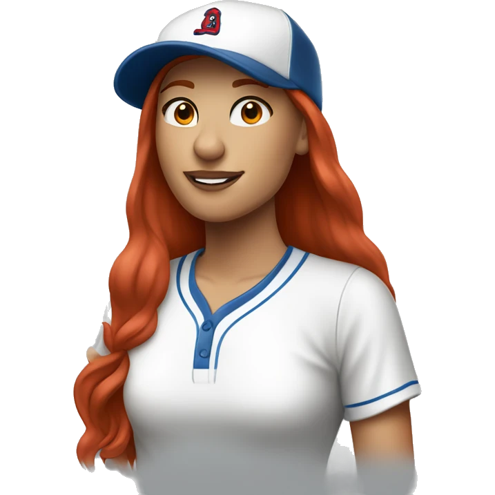 standing up white female coach with long red hair in white t-shirt and with a simple blue baseball hat emoji