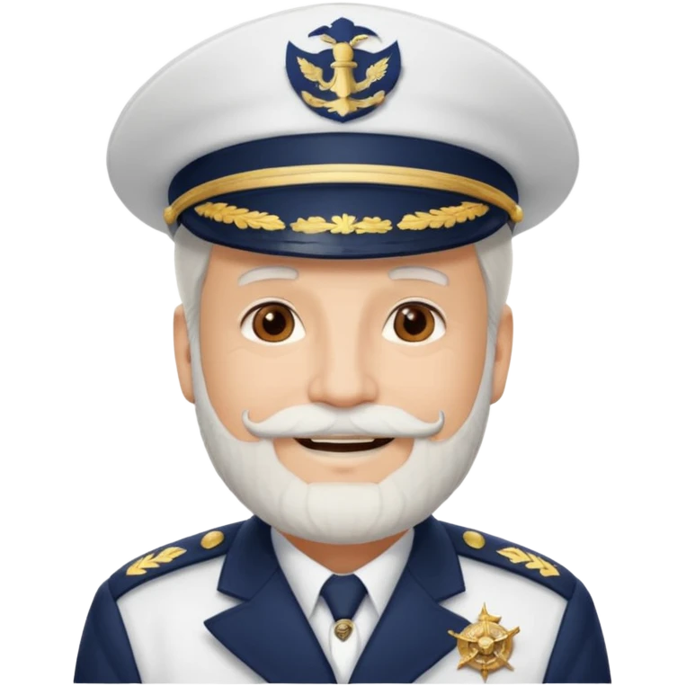 A light-skinned mid-aged man with brown eyes and white beard, smiling while wearing a white captain’s hat with a navy emblem. emoji