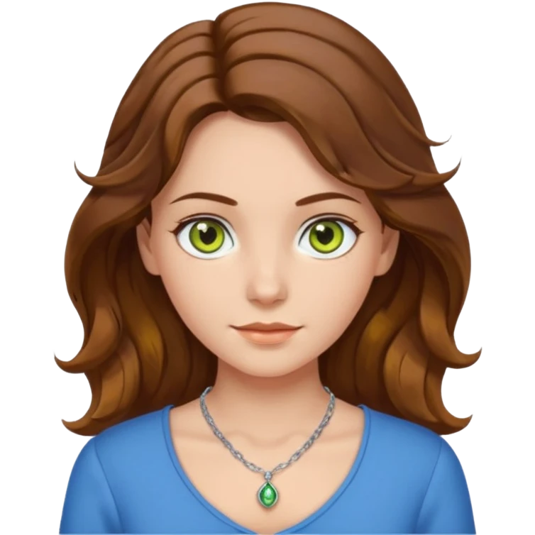 girl with brown, wave, middle hair, green- yellow eyes in white top with blue blouse and selver necklace emoji