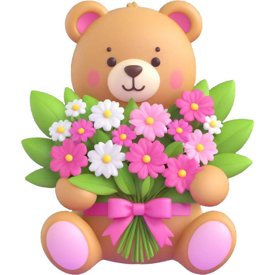 a teddy bear with a pink bow on its head, holding a bouquet of white flowers with green leaves and pink accents, and small pink hearts floating around emoji