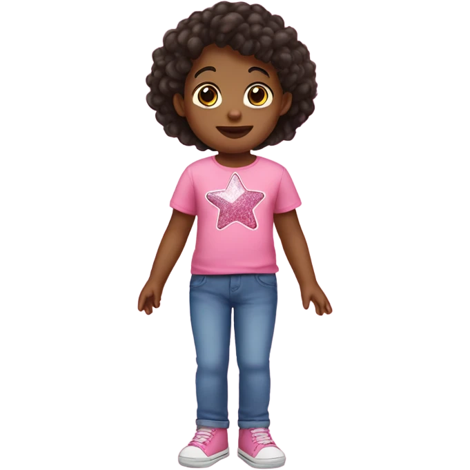 toddler child with dark hair wearing a pink tshirt with a sparkly star and blue jeans with a pink butterfly on the right leg emoji