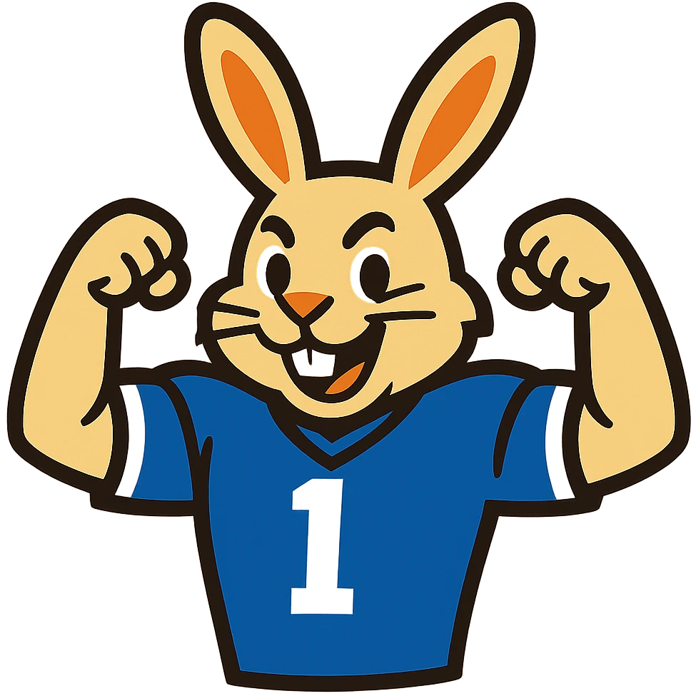 bunny mascot wearing a blue football jersey, flexing emoji