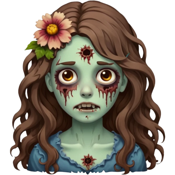 uma garota zumbi, de cabelos castanhos,ondulados e longos, com uma flor no cabelo emoji