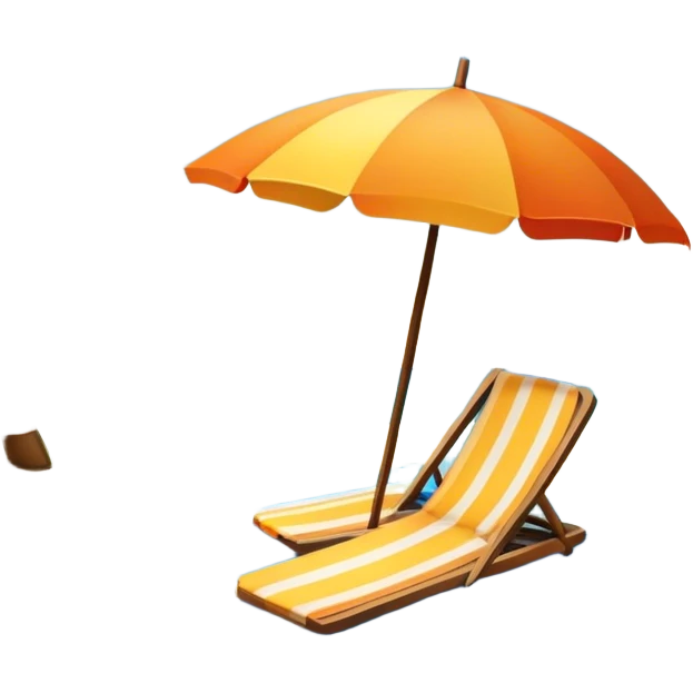 Icon for Beach Tourism: with the blue ocean, orange sunset, yellow sand beach and palm trees in the background, a sun umbrella, flip-flops, and a beach towel on the sand. The icon should represent relaxation and fun at the beach. Transparent background emoji