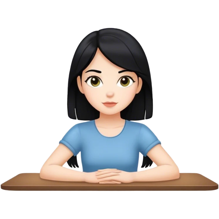 white girl black hair sitting with hands flat on table emoji