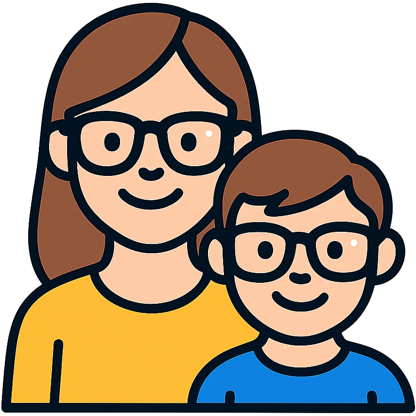 A happy woman with brown hair and a child boy, both wearing Ray-Ban glasses emoji