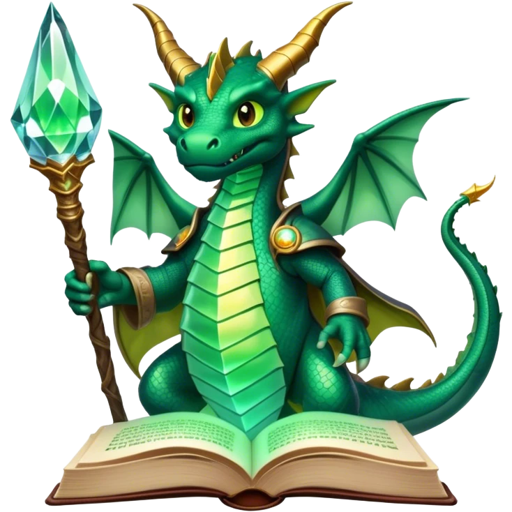 Icon for Fantasy and Sci-Fi Literature: a magical book with glowing pages, surrounded by a dragon, a spaceship, and a wizard with a staff. The icon should capture the adventurous and imaginative world of fantasy and science fiction. Transparent background. emoji