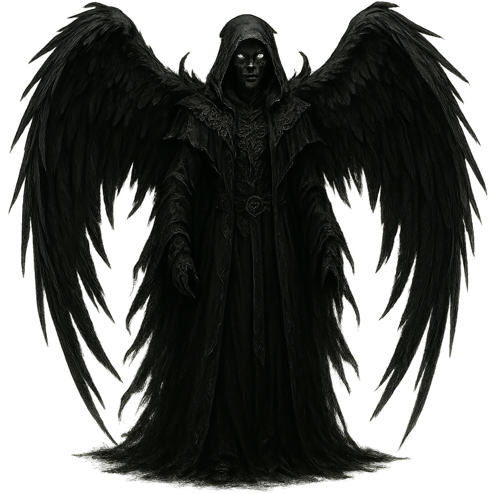 A dark angel with black wings and a menacing aura, in a gothic, dark fantasy style. emoji