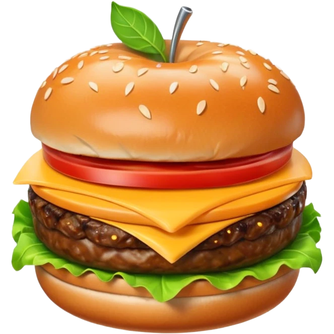 A classic single patty hamburger emoji, 3D Apple style, glossy and colorful. Soft rounded bun with sesame seeds, one beef patty, fresh lettuce, tomato slice, melted cheese, realistic but cartoonish look, clean white background emoji