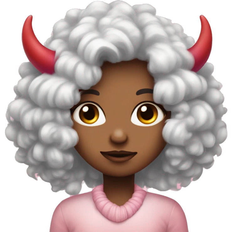 a shy cold cute girl with pik fluffy hair with pink heart eyes and lil red horns emoji