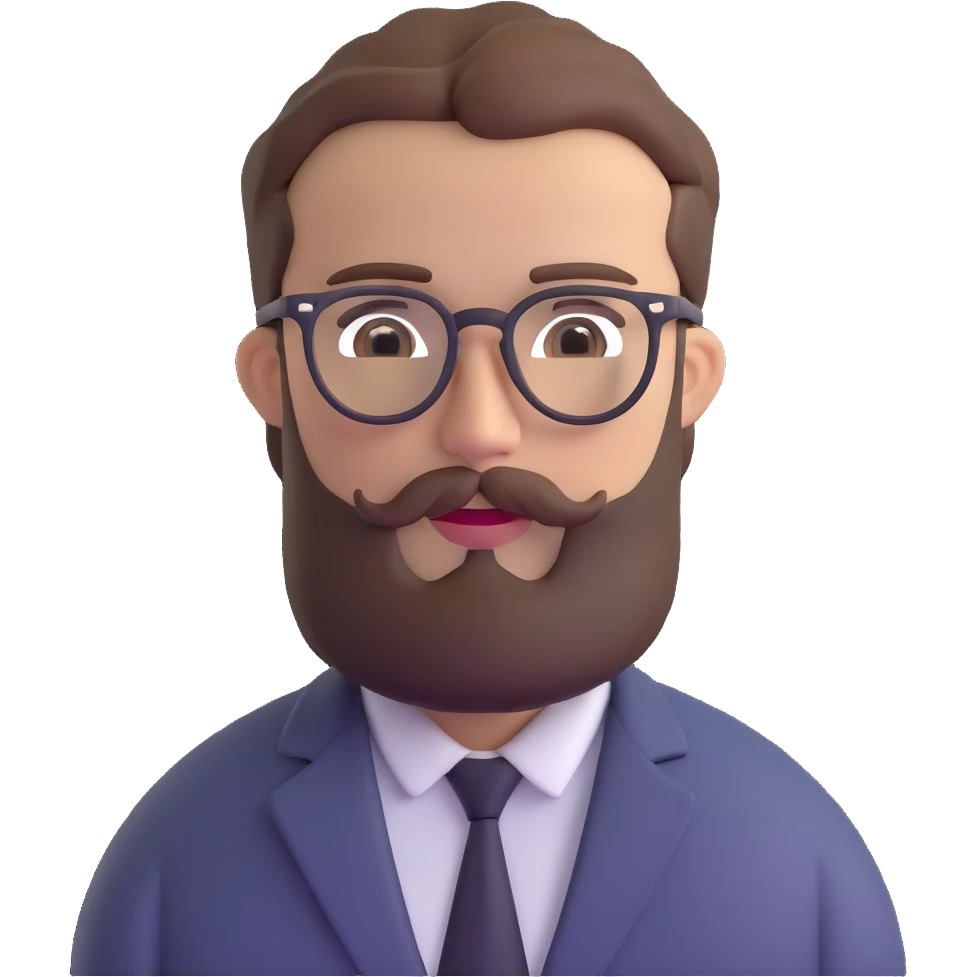 male with glasses, French cut hairstyle, brown hair, fine full beard emoji