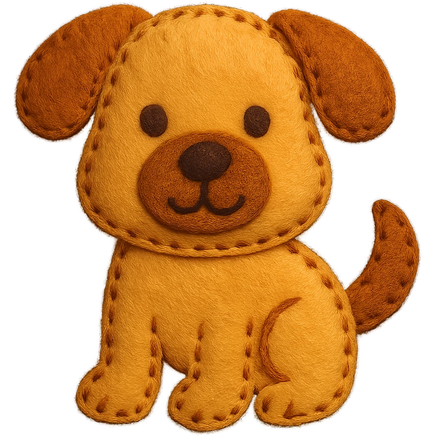 <StylePrompt>
  <Name>Felt Appliqué Plush Style</Name>
  <Description>A soft, handcrafted look inspired by plush felt fabric with visible stitching and a padded 3D texture, rendered on a solid black background.</Description>
  <VisualProperties>
    <Material>Felt</Material>
    <Texture>Soft, fuzzy, with slight fiber detail</Texture>
    <Stitching>
      <Type>Thick thread</Type>
      <Color>Orange or slightly darker tone than fabric</Color>
      <Pattern>Uniform running stitch along outer edge</Pattern>
    </Stitching>
    <Padding>High, plush-like 3D depth</Padding>
    <Edges>Rounded corners</Edges>
    <ColorPalette>
      <Primary>Warm yellow/orange tones</Primary>
      <Accent>Brown or dark orange for facial features and outline</Accent>
      <Background>Black</Background>
    </ColorPalette>
  </VisualProperties>
  <Rendering>
    <Lighting>Soft, even studio lighting</Lighting>
    <Shadows>Subtle drop shadows for depth</Shadows>
    <Perspective>Flat front-facing, symmetrical if applicable</Perspective>
  </Rendering>
  <Applicability>
    <SubjectType>Any object, animal, or letterform</SubjectType>
    <OutputFormat>Icon, emoji, patch-style graphic</OutputFormat>
  </Applicability>
</StylePrompt>

{subject} = dog emoji