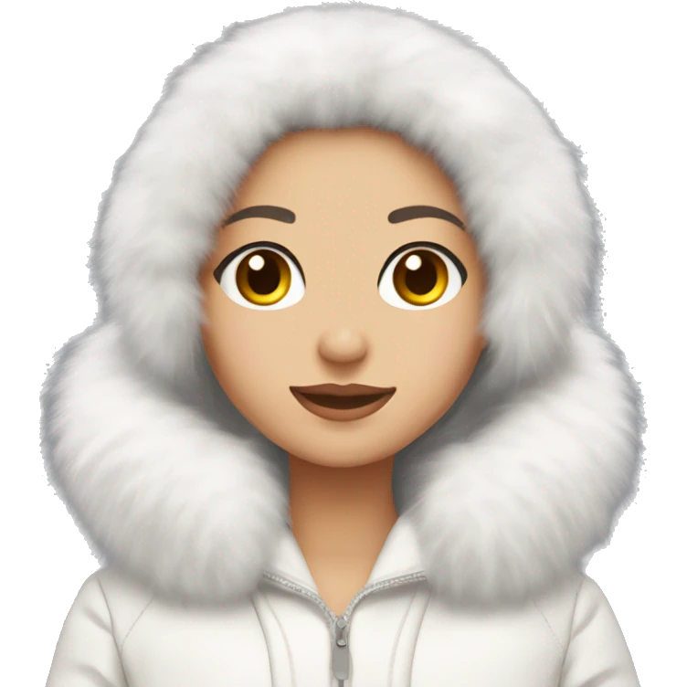 brunette girl with long hair with a light  skin color and light grey eyes wearing fluffy white ear muffs and a white fur coat  emoji
