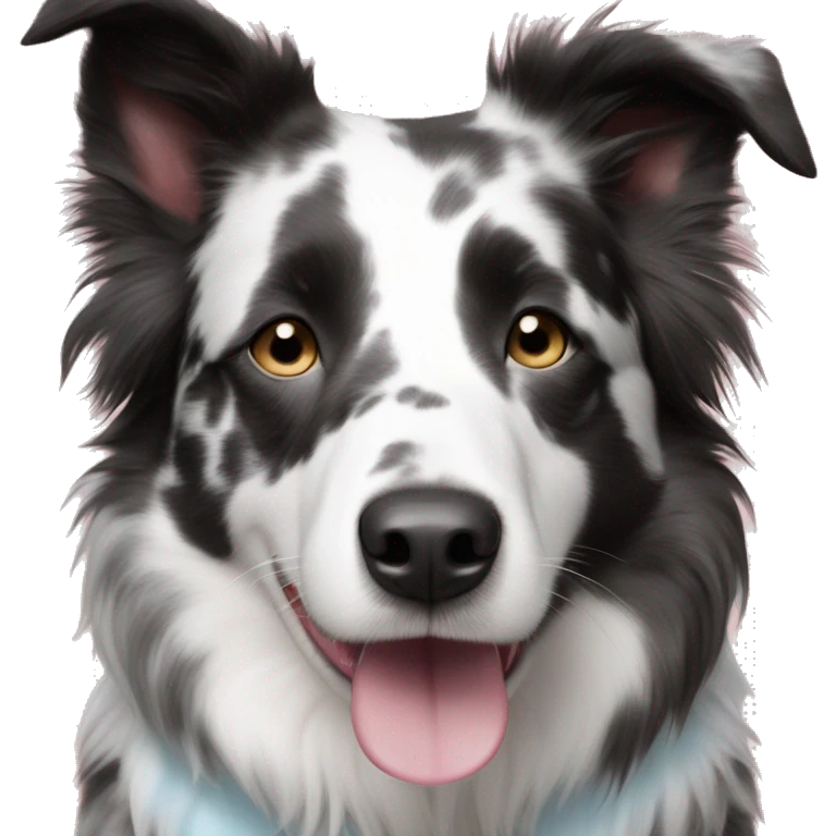 Brindle border collie with black white and gray color pattern face is all white with blue eyes spots around eyes and spots on pink nose emoji