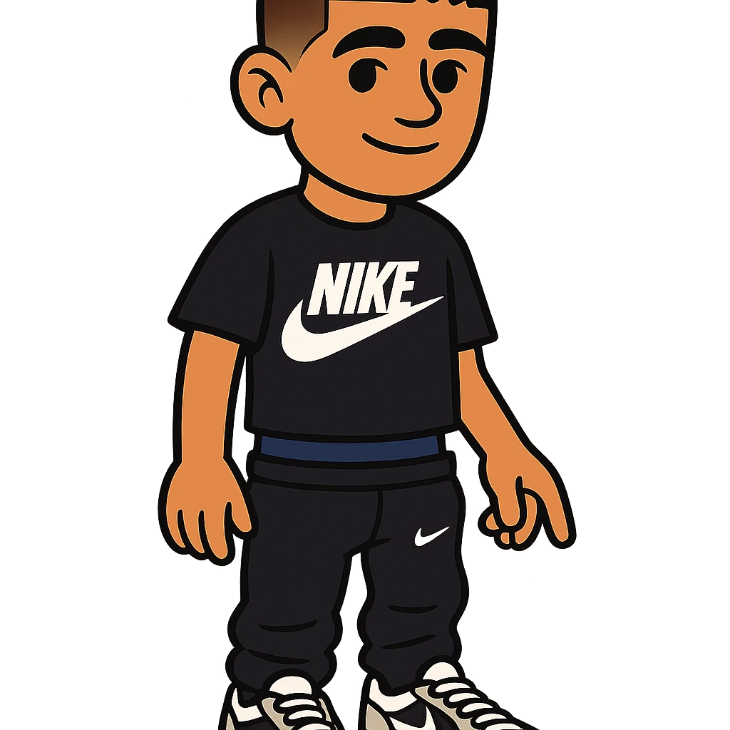 chico de pelo moreno, corte taper fade, flequillo a las cejas, camiseta Nike negra, pantalones Nike negros bajados, zapatillas Dior blancas emoji