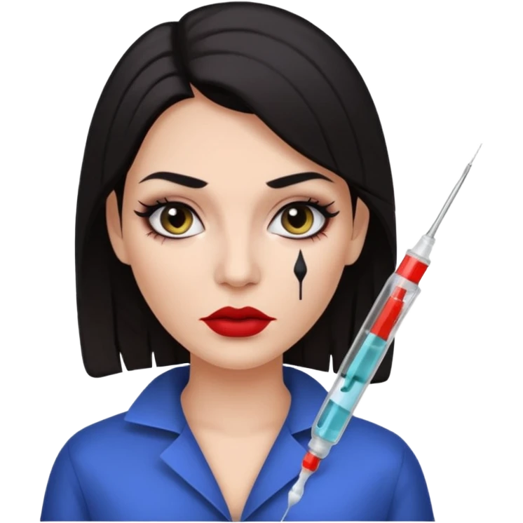 White woman with dark hair and makeup with syringe on a face emoji