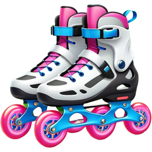An icon featuring a pair of colorful rollerblades placed on a smooth path. The background showcases a picturesque park with lush greenery, blooming flowers, and a clear blue sky with soft clouds. The bright sunlight adds a cheerful touch to the scene. Transparent background emoji