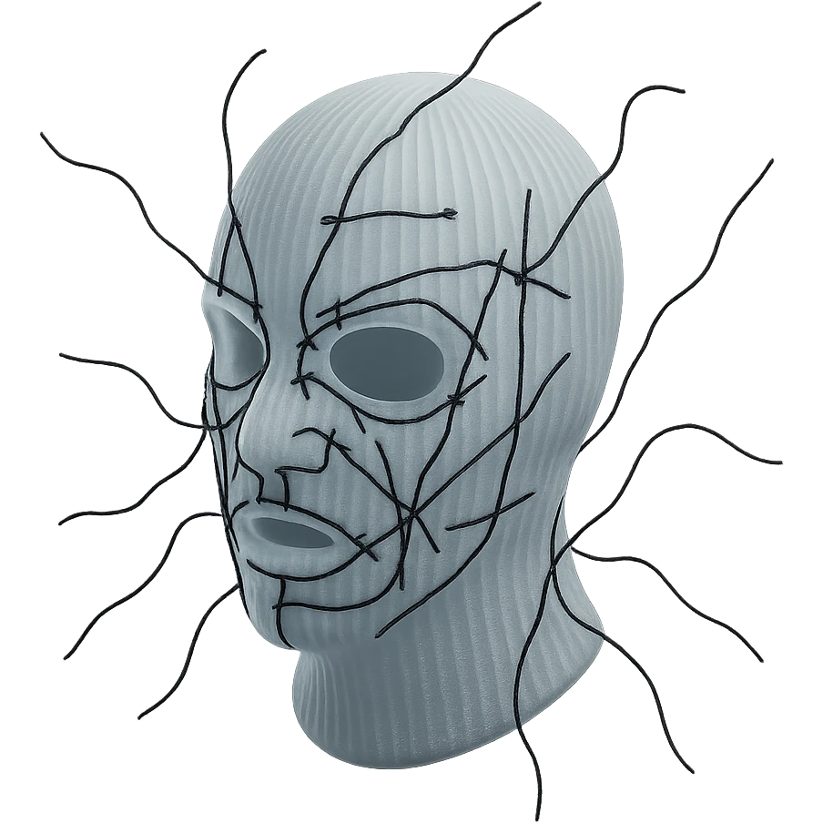 The mask is a full-head, white knitted balaclava with a tight ribbed texture. It features two asymmetrical eye openings and a partially exposed mouth area. Black thread is stitched across the surface in chaotic, abstract lines that trace facial features, giving a hand-drawn effect. Several black cords extend outward from the mask, varying in length and direction, adding a sculptural, almost organic appearance. The overall look is bold, handcrafted, and visually striking. emoji