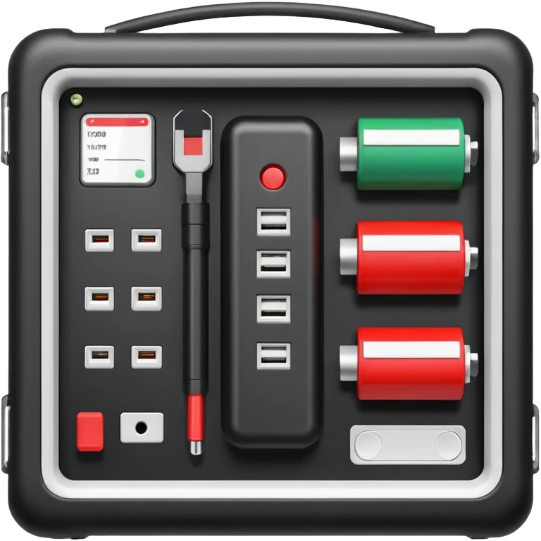 An open black hard-shell test case, inside: technical control panel, a power outlet, USB port, and colored test sockets. A large roll of white test labels lies next to the equipment, along with one red test probe. emoji