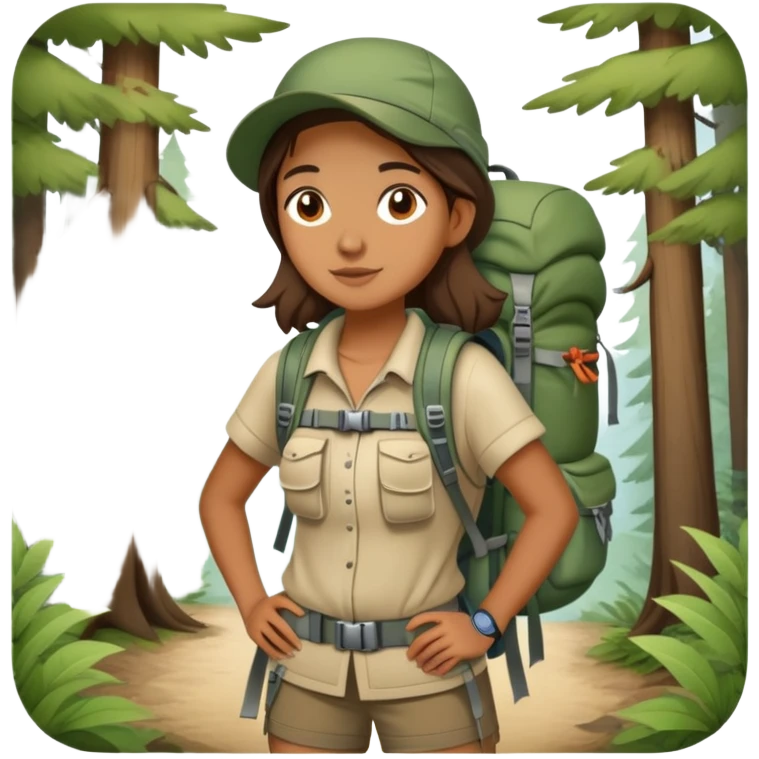 Girl with hiking backpack and camping gear in forest, Melissa Backwoods emoji