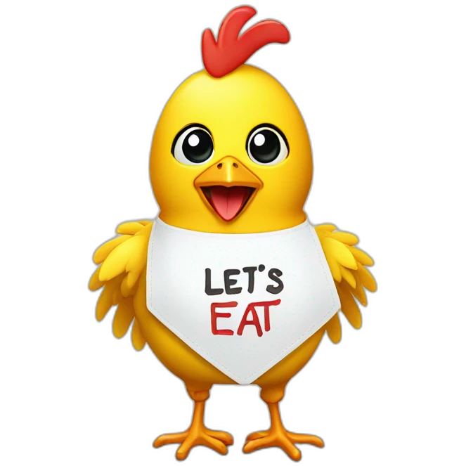 Chica is a yellow animatronic chicken with a bib with an inscription Let's eat emoji