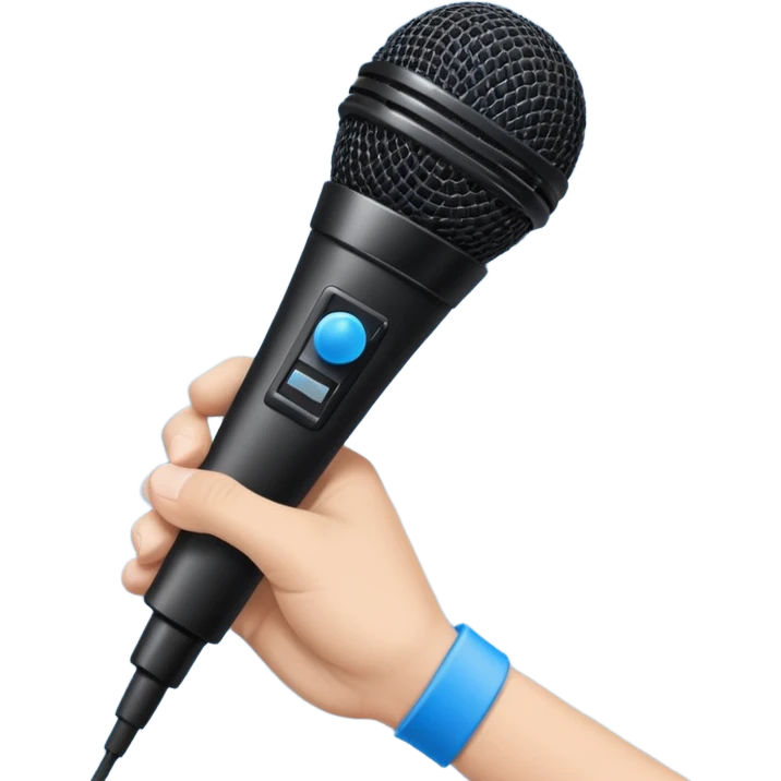 hand holding black stage microphone with blue strip on bottom emoji
