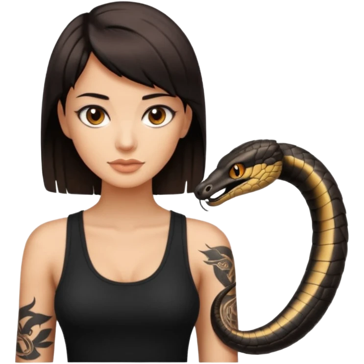 Femme brune yeux marron avec une coupe carré noir qui descend sur l'épaule , femme couleur de peau un peu bronzé mais pas metisse, avec un cobra a côté , débardeur noi , avec un tatouage sur le bras droit emoji
