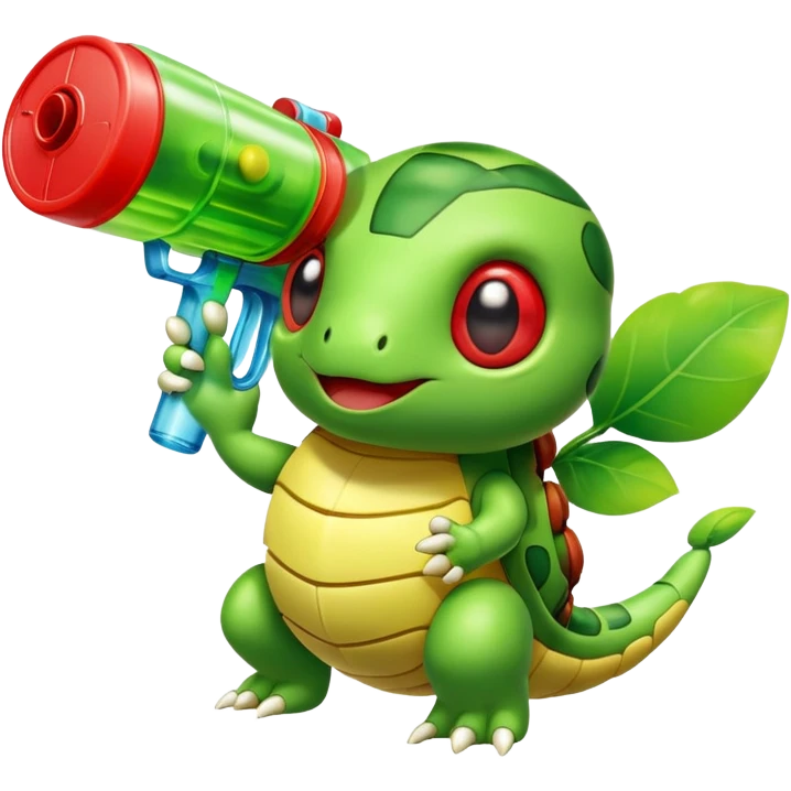 Caterpie from Pokemon with a squirt gun that shoots string emoji